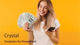  Presentation with mobile money - PPT layouts with girl showing bunch of money background and a gold colored foreground
