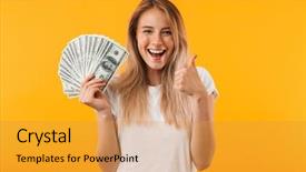  Presentation with banknotes - Colorful slide deck enhanced with girl showing bunch of money backdrop and a gold colored foreground