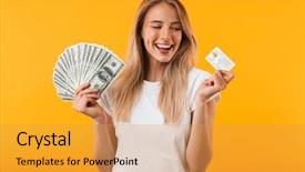  Presentation with credit card - Slide deck featuring girl showing bunch of money background and a  colored foreground