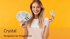  Presentation with credit card - Amazing PPT layouts having girl showing bunch of money backdrop and a gold colored foreground