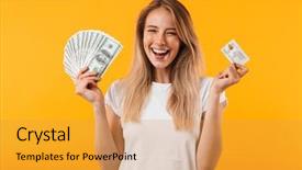  Presentation with credit card - Cool new theme with girl showing bunch of money backdrop and a gold colored foreground