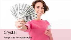  Presentation with mobile money - PPT theme having girl showing bunch of money background and a coral colored foreground