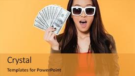  Presentation with portrait of excited overjoyed female - Theme featuring girl showing bunch of money background and a gold colored foreground