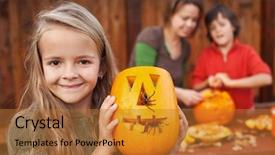  Presentation with happy halloween card - Cool new PPT layouts with girl showing her freshly carved backdrop and a red colored foreground