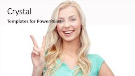  Presentation with teenage girl - Audience pleasing PPT theme consisting of girl showing peace hand sign backdrop and a sky blue colored foreground