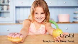  Presentation with snack - Presentation consisting of girl sitting at table choosing cakes or apple for snack background and a coral colored foreground
