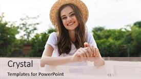  Presentation with green city - Colorful PPT layouts enhanced with girl sitting at the city backdrop and a  colored foreground