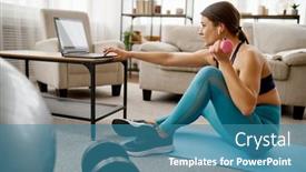  Presentation with laptop - PPT theme with girl-sitting-at-the-laptop background and a teal colored foreground