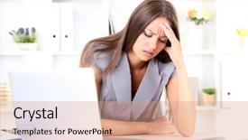  Presentation with office - Presentation design consisting of girl sitting desk - young business woman in office background and a coral colored foreground