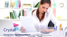  Presentation with notebook - Theme featuring girl sitting desk - young pretty business woman background and a sky blue colored foreground