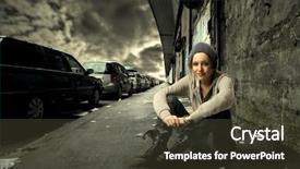  Presentation with cheerful stylish city girl using - Presentation theme having girl sitting on a city background and a tawny brown colored foreground
