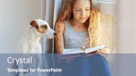  Presentation with girl reading - Presentation design with girl-sitting-on-the-windowsill background and a ocean colored foreground