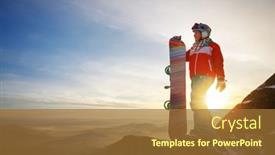  Presentation with snowboard - Beautiful theme featuring girl-snowboarder-stands-with-snowboard backdrop and a tawny brown colored foreground