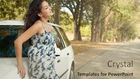  Presentation with summer trees - Slides featuring girl stand on country road near car big high trees summer season background and a coral colored foreground