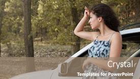 Presentation with road yellow - PPT theme with girl stand on country road near car look into the distance big high trees summer season yellow toned background and a coral colored foreground