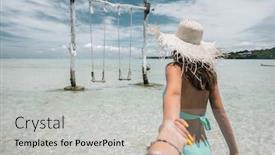  Presentation with paradise island - Audience pleasing slide deck consisting of girl standing in water and looking at swing on sandy beach on paradise bali island follow me travel concept backdrop and a light gray colored foreground