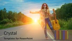  Presentation with hippie - Colorful presentation theme enhanced with girl standing on a highway backdrop and a coral colored foreground