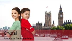  Presentation with naughty girl is standing - Theme enhanced with girl standing together over london background and a  colored foreground