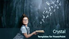  Presentation with education cute - Cool new PPT theme with girl standing with a book backdrop and a ocean colored foreground