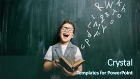  Presentation with education cute - Cool new slides with girl standing with a book backdrop and a tawny brown colored foreground