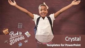  Presentation with school desk - Colorful slide set enhanced with girl stretching hands in school corridor against desk backdrop and a tawny brown colored foreground
