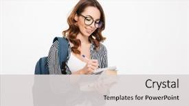  Presentation with student writing - Audience pleasing presentation theme consisting of girl student with backpack writing backdrop and a light gray colored foreground