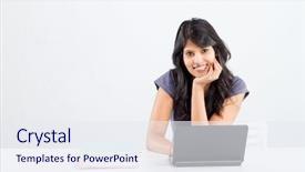  Presentation with college - Slide set consisting of girl study laptop - cute smiling indian female college background and a sky blue colored foreground