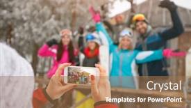  Presentation with happy holidays - Presentation theme having girl taking pictures of happy friends on cold holidays winter day background and a coral colored foreground