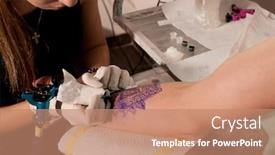  Presentation with tattoo - Presentation theme enhanced with girl-tattoo-artist-makes-tattoo background and a coral colored foreground