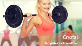  Presentation with barbell - Cool new presentation design with girl team - fitness sport and dieting concept backdrop and a coral colored foreground