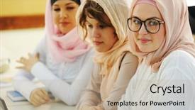  Presentation with multi ethnic group - Slide set with girl team - multi ethnic group of teenage background and a mint green colored foreground