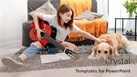  Presentation with instrument - Slide deck featuring girl-teenager-practicing-guitar-playing background and a mint green colored foreground