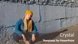  Presentation with wall street - PPT theme featuring girl-teenager-squats-against background and a tawny brown colored foreground