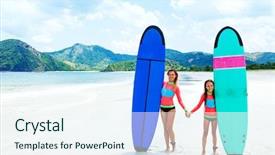  Presentation with surfing - Presentation theme having girl teens - mom with child are learning background and a sky blue colored foreground