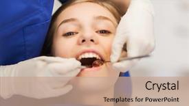  Presentation with health care - PPT theme having girl teeth up at dental background and a coral colored foreground