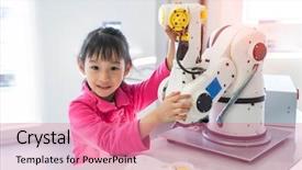  Presentation with human machine - Beautiful presentation design featuring girl touching a robotic machine backdrop and a coral colored foreground