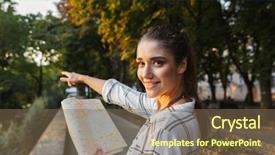  Presentation with smiling little girl - PPT theme with girl tourist analyzing city map background and a  colored foreground