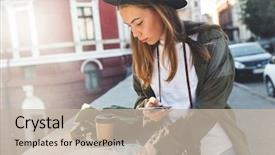  Presentation with city line map - Beautiful PPT theme featuring girl tourist analyzing city map backdrop and a  colored foreground