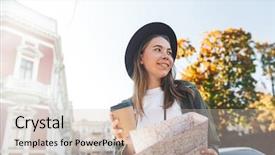  Presentation with pretty girl - Cool new PPT theme with girl tourist analyzing city map backdrop and a  colored foreground