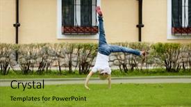  Presentation with lawn maintenance - Audience pleasing presentation design consisting of girl turns cartwheel on grassy backdrop and a gold colored foreground