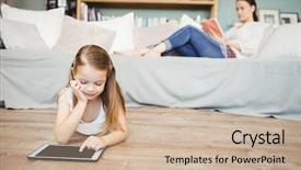  Presentation with digital book - Cool new PPT theme with girl using digital tablet with mother reading book at home backdrop and a soft green colored foreground