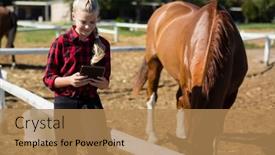  Presentation with ranch - Presentation theme featuring girl-using-digital-tablet background and a coral colored foreground