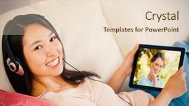  Presentation with cheerful stylish city girl using - Colorful theme enhanced with girl using her tablet pc backdrop and a  colored foreground