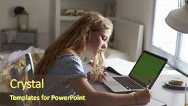  Presentation with teenage girl - Audience pleasing PPT theme consisting of girl using laptop and writing backdrop and a tawny brown colored foreground