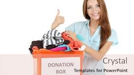  Presentation with donation - Amazing theme having girl volunteer with donation box isolated on white backdrop and a lemonade colored foreground