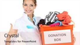  Presentation with donation - Slides consisting of girl volunteer with donation box isolated on white background and a coral colored foreground