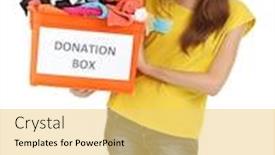  Presentation with donation - PPT layouts enhanced with girl volunteer with donation box isolated on white background and a yellow colored foreground