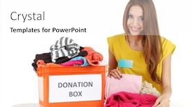  Presentation with donation - Audience pleasing theme consisting of girl volunteer with donation box isolated on white backdrop and a white colored foreground