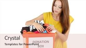  Presentation with donation - Beautiful PPT layouts featuring girl volunteer with donation box isolated on white backdrop and a lemonade colored foreground