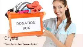  Presentation with donation - Presentation with girl volunteer with donation box isolated on white background and a lemonade colored foreground